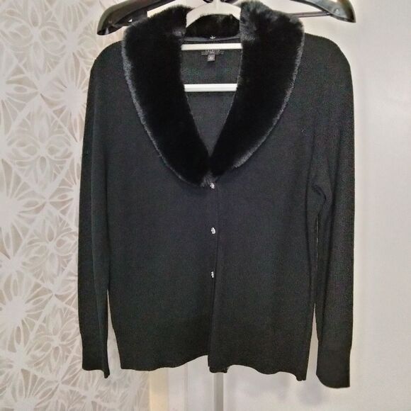 Talbots Black Cardigan Sweater with Faux Fur Collar - Picture 1 of 7